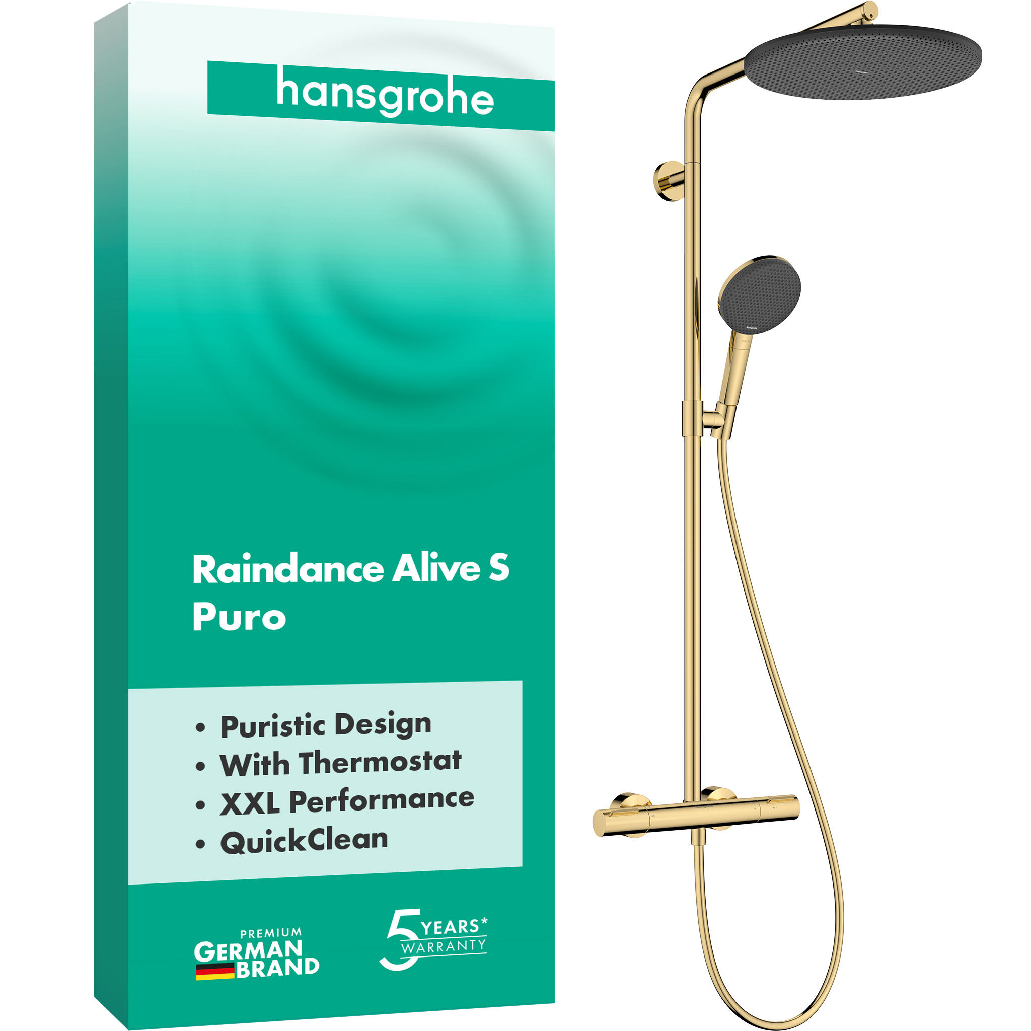 Душова система hansgrohe Raindance Alive S Puro 300 1jet 24592990, з термостатом Ecostat Element, золото - зображення